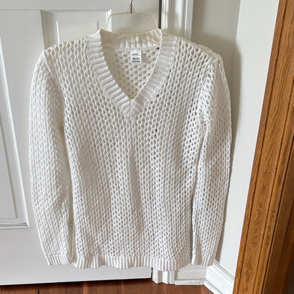 Jockey V-Neck Open Knit Sweater - White